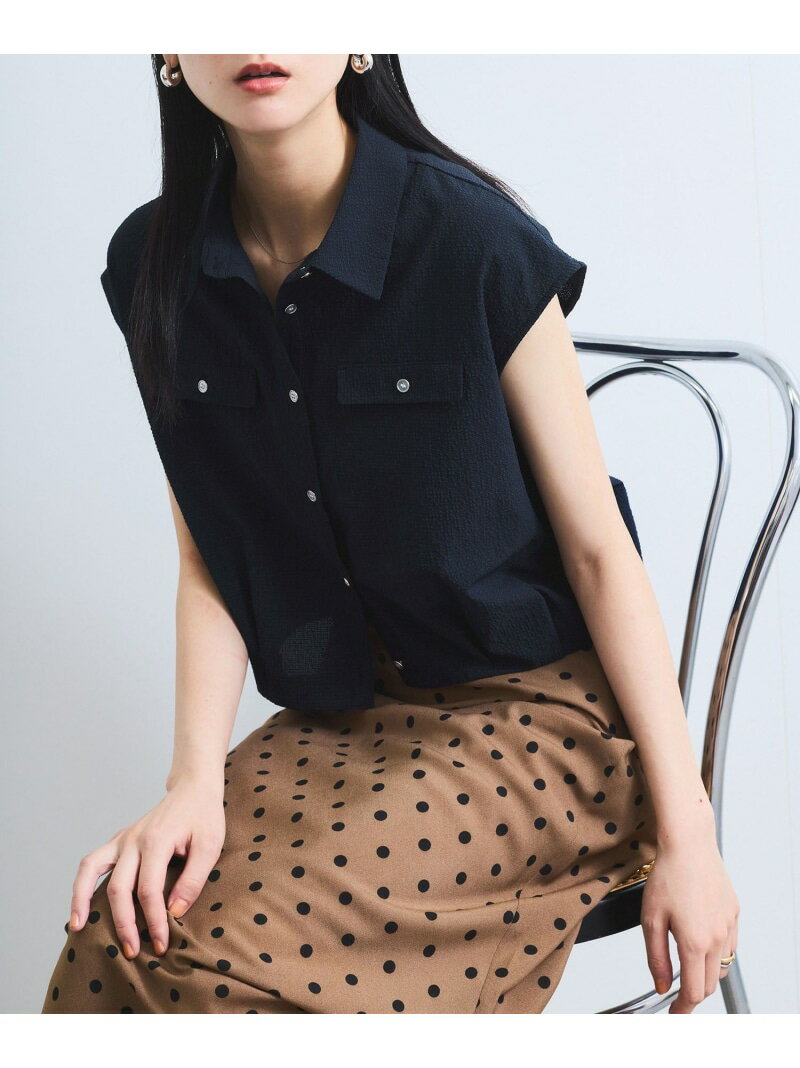 【UVケア/洗える】フレンチスリーブサッカーブラウス VIS ビス トップス シャツ・ブラウス ブルー ネイ..