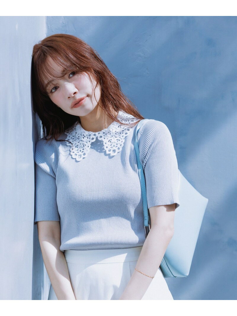 【SALE／20%OFF】レースカラーハーフスリーブリブニット ROPE' PICNIC ロペピクニック トップス ニット ホワイト ネイビー【RBA_E】【送料無料】[Rakuten Fashion] jadorejunonline-10076148 J’aDoRe JUN ONLINE サンプル画像2