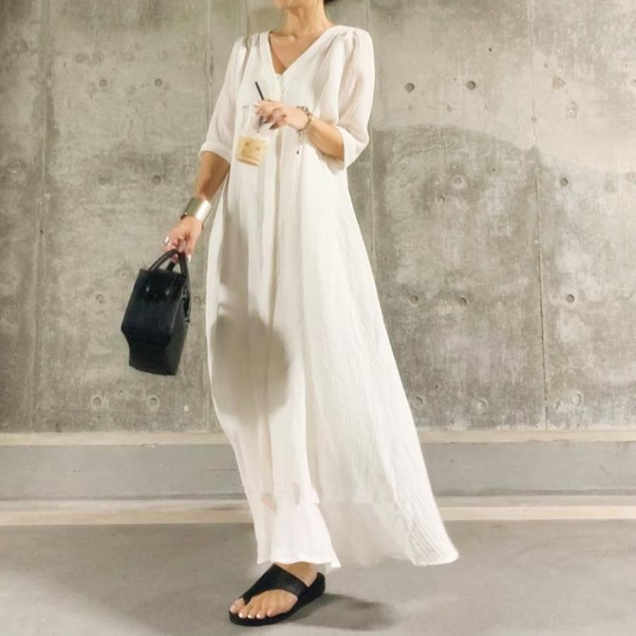 シャツワンピース シャツ ワンピース レディース 長袖 半袖 七分袖 春夏 綿 白シャツ ロングシャツ ロングワンピース きれいめ ミモレワンピ(4)