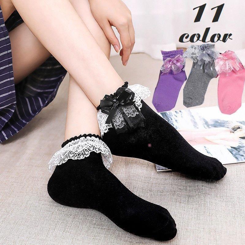 ショートソックス 靴下 レディース 女性用 フリル レース リボン 無地 かわいい おしゃれ ガーリー カラバリ豊富 白 黒 茶色 グレー ブラウン