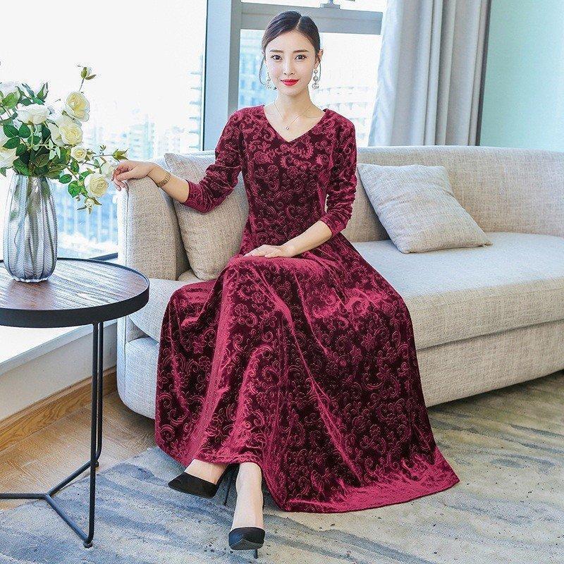 【楽天スーパーSALE】ベロア ワンピース パーティードレス 結婚式 長袖 マキシ丈ワンピ 秋冬 レディース フラワー柄 エレガント Aライン ロングドレス フレア