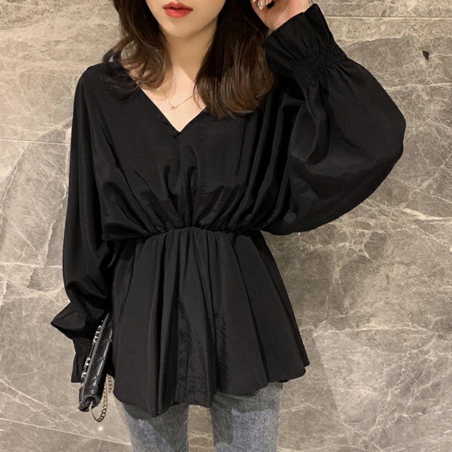 【楽天スーパーSALE】ボリューム袖 シャツブラウス Vネック