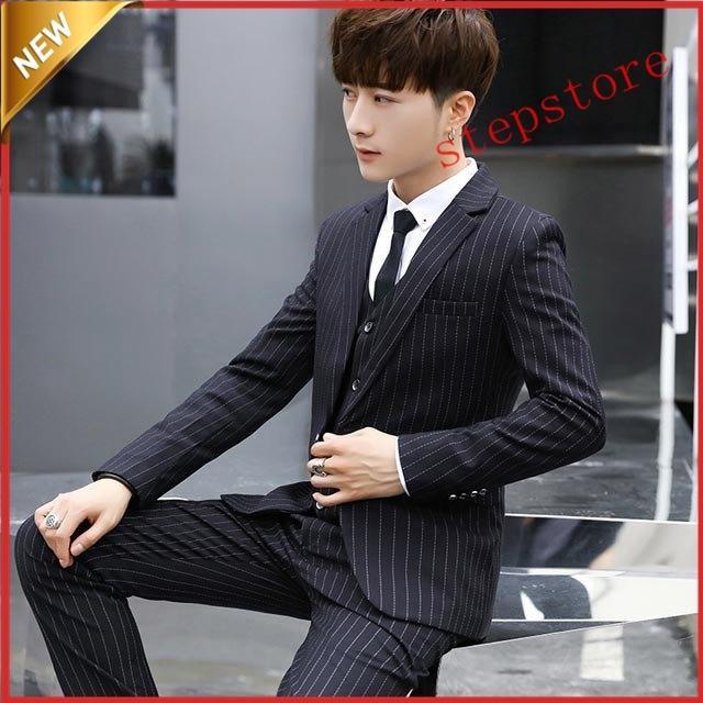 【楽天スーパーSALE】韓国ファッション 細身 ストライプ メンズスーツセット ビジネススーツ メンズ スーツセットアップ 上下セット フォーマル 就活 就職