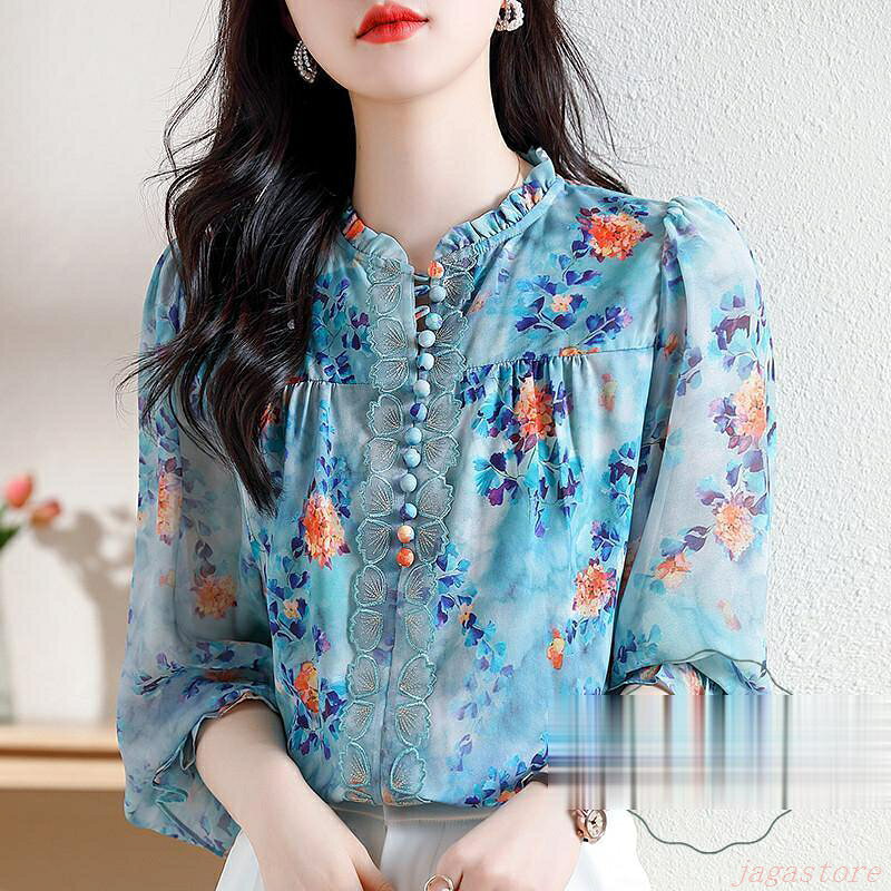 樂天商城 - シフォンチュニック 花柄ブラウス ボタニカル柄 レースリーフ レディース トップス 春夏 新作 カジュアル服 カジュアル 女性らしい トレンド