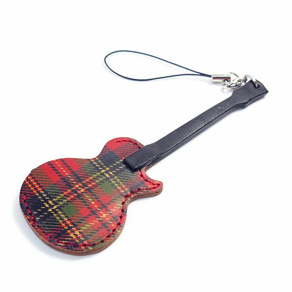 JAJABOON 【メール便OK★】ギター携帯ストラップ レスポールタイプROYALタータンチェック(ギターピック付)本革(レザー)製