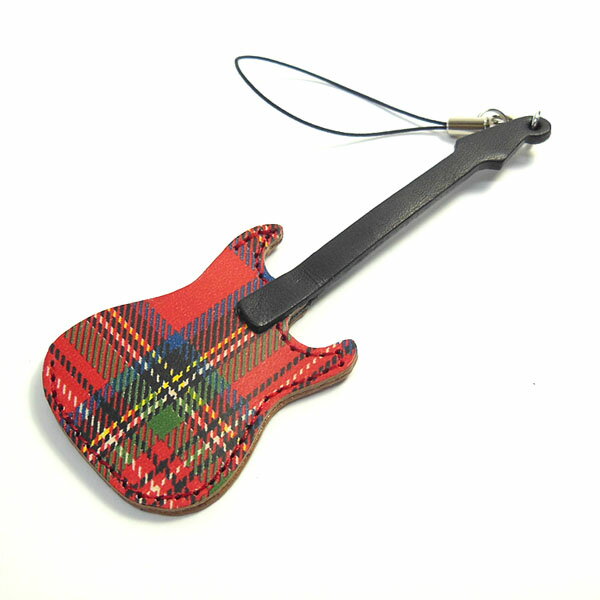 JAJABOON 【メール便OK★】ギター携帯ストラップ ストラトキャスタータイプROYALタータンチェック(ギターピック付)本革(レザー)製