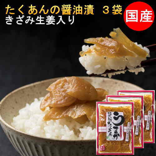 たくあん醤油漬け 3袋セット きざみ生姜入 国産 漬物 1000円ポッキリ 送料無料 沢庵 天日干し大根使用 九州産 ご飯のお供 メール便送料無料 　メール 便 ギフト プチギフト 贈り物 お中元