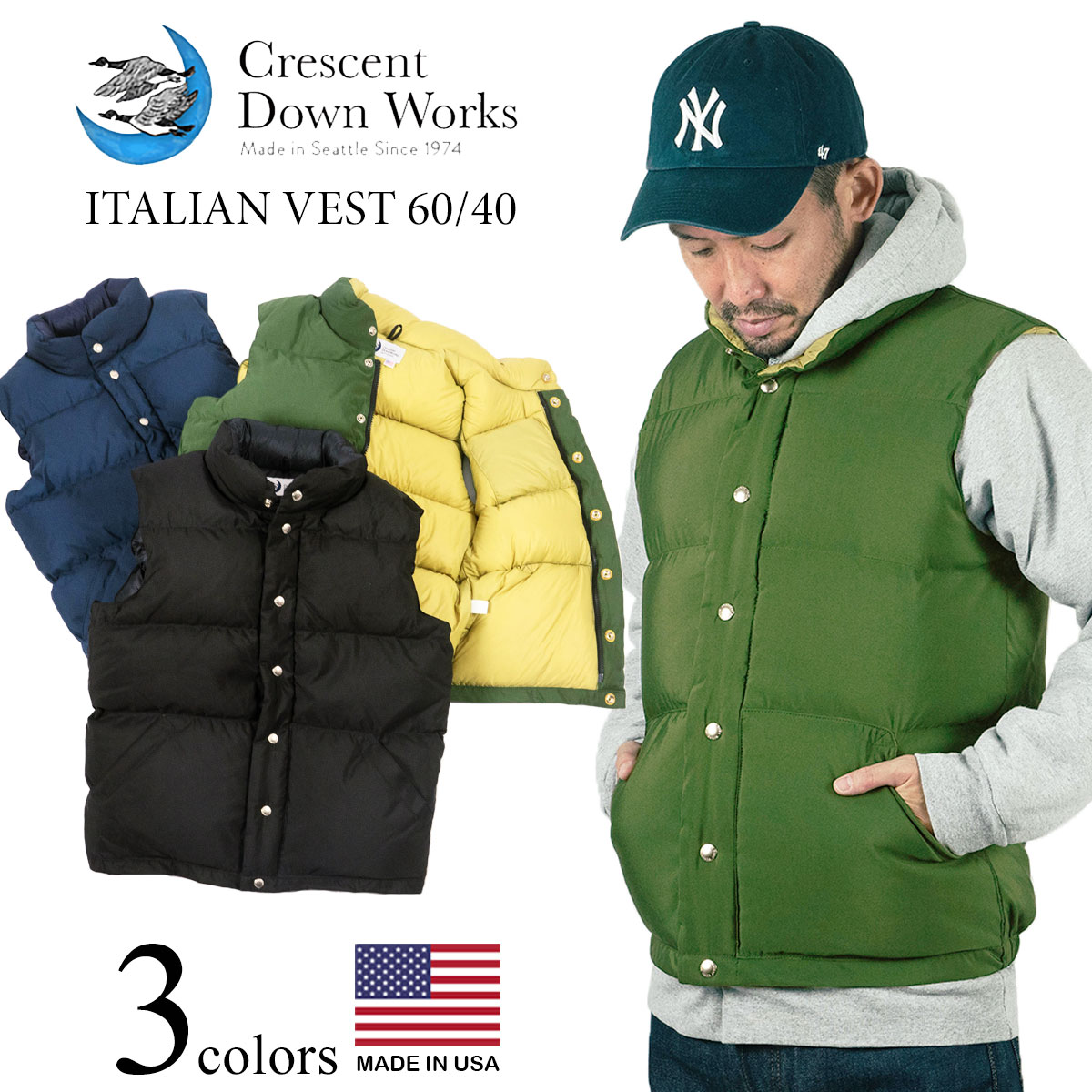 クレセントダウンワークス CRESCENT DOWN WORKS イタリアン ダウンベスト 60/40 MADE IN USA アメリカ製 米国製 ITALIAN VEST ｜ メンズ レトロアウトドア 700フィルパワーの最高級グースダウン採用 ブラック ネイビー オリーブ