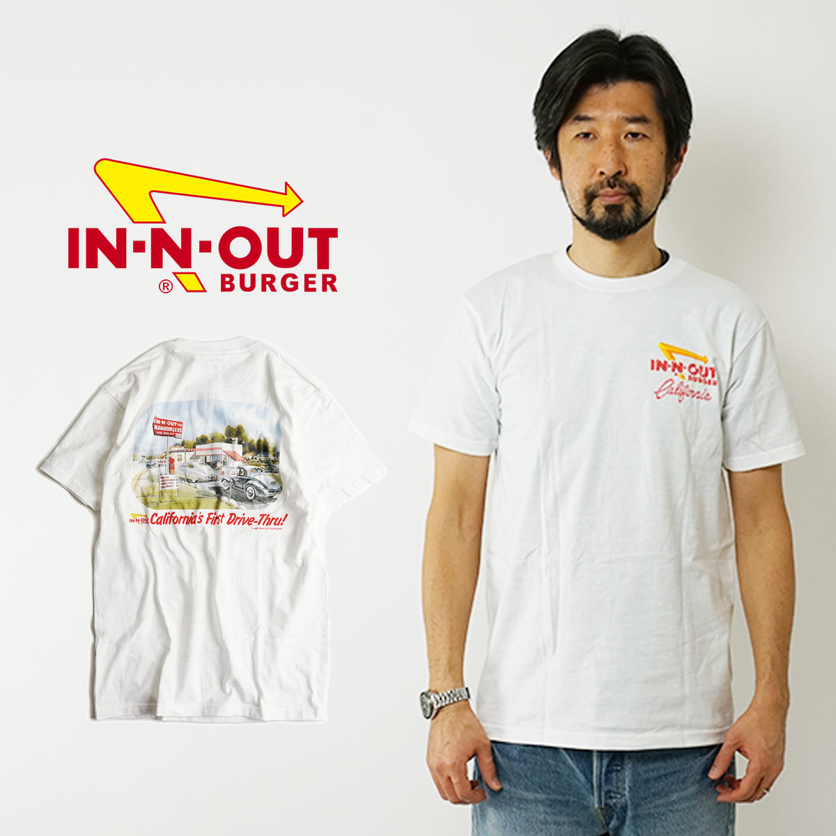 【クーポン配布中】インアンドアウトバーガー 半袖 Tシャツ 1986 カリフォルニア ファースト ドライブスルー ホワイト (メンズ S-XXL In-N-Out Burger ご当地Tシャツ 海外買い付け スーベニア)