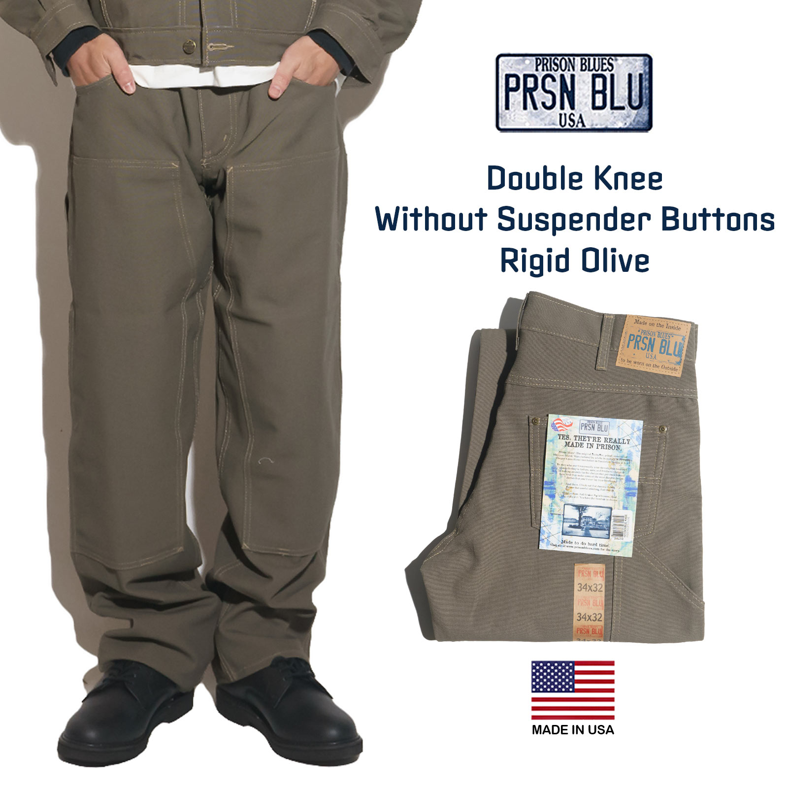 プリズンブルース PRISON BLUES ダブルニーワークジーンズ リジッドオリーブ ｜ メンズ W28-42 アメリカ製 米国製 ペ…