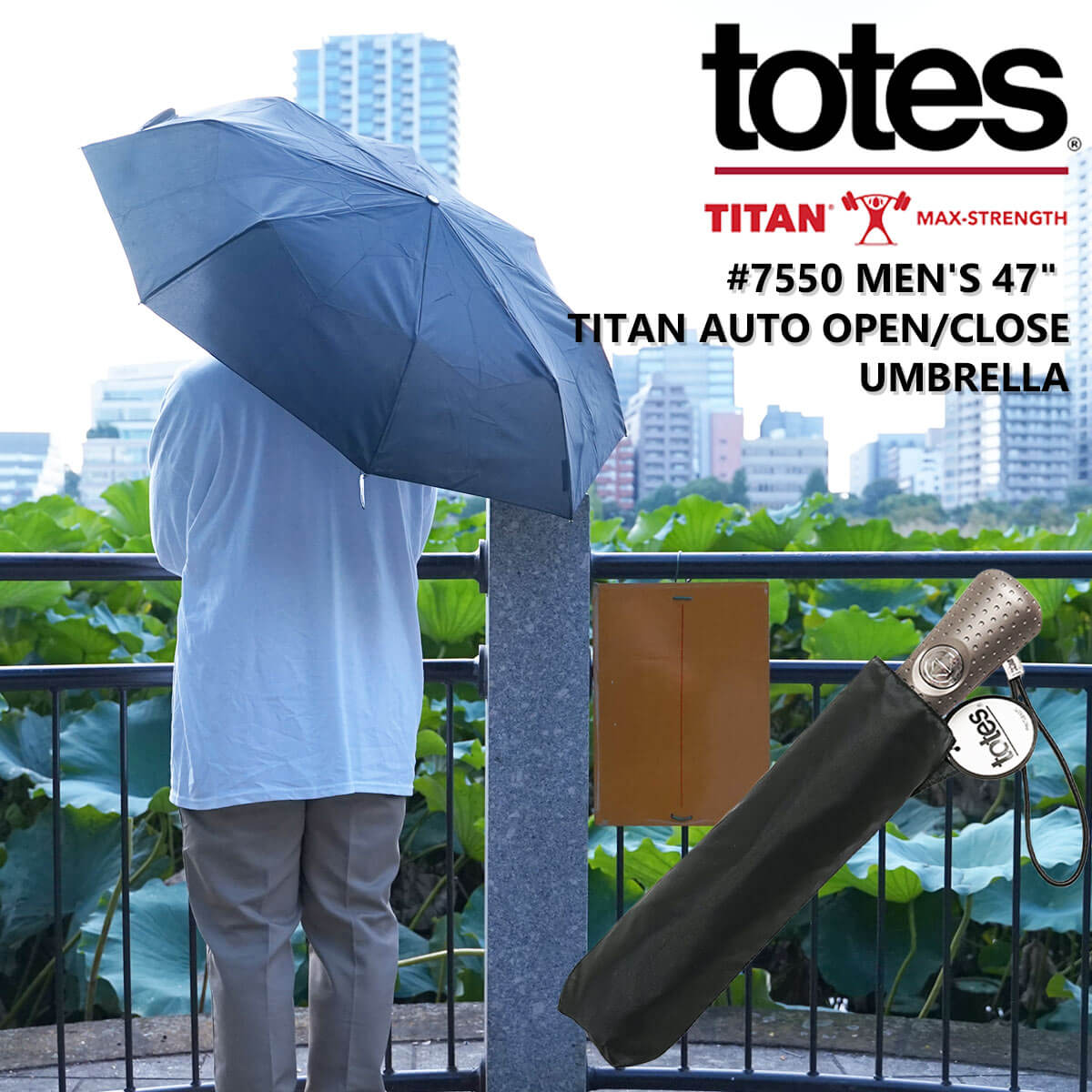 トーツ 折りたたみ傘 メンズ 【クーポン配布中】トーツ totes 7550 タイタン 折りたたみ傘 47” TITAN AUTO OPEN/CLOSE ｜ メンズ おりたたみ傘 折畳み傘 耐久性の高いモデル 丈夫 風に強い ボタン式 軽量 ワンタッチ自動開閉 オートマチック 梅雨 紳士傘 携帯 傘 ブラック 黒