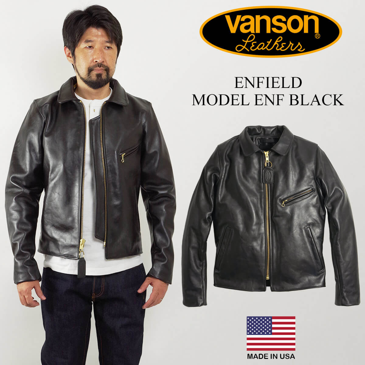 バンソン ライダースジャケット メンズ バンソン VANSON ENF シングル ライダース ブラック ｜ シングルライダース メンズ アメリカ製 MADE IN USA エンフィールド 襟付 レザージャケット アウター 革ジャン 牛革 本革 カウハイド 内ポケット 定番 黒 サイズ32-46