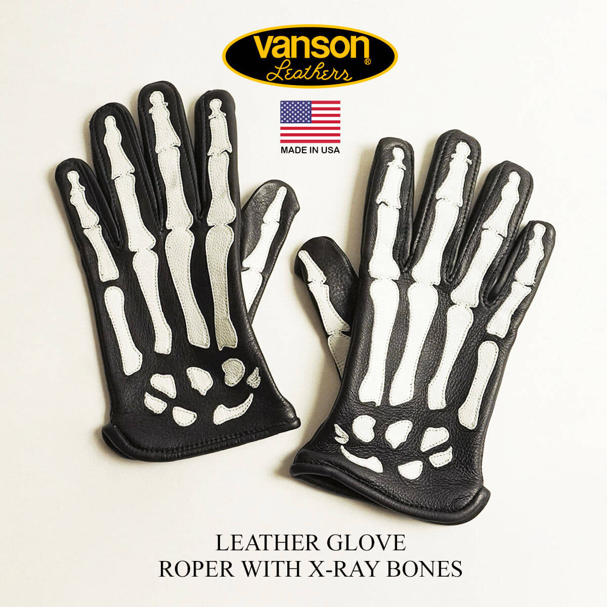 バンソン VANSON レザーグローブ ローパー Xレイ ボーンズ ブラック/ホワイト MADE IN USA (Roper With X-ray Bones 手袋）