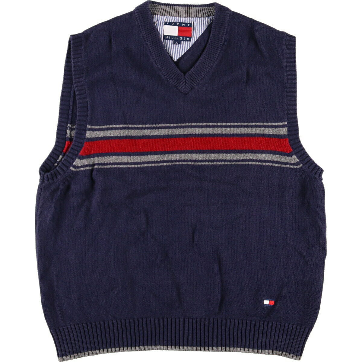 ＼31%OFF／古着 90'S トミーヒルフィガー TOMMY HILFIGER ボーダー柄 Vネック コットンニットベスト メンズL ヴィンテージ /eaa374951 【中古】 【230929】 【SS2406】