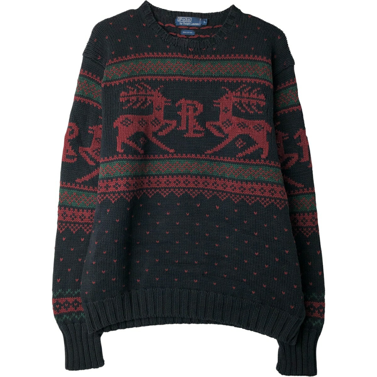 樂天商城 - 古着 ラルフローレン Ralph Lauren POLO by Ralph Lauren 総柄 コットンニットセーター メンズL相当 /eaa399787 【中古】 【260223】 ブラック系 秋冬