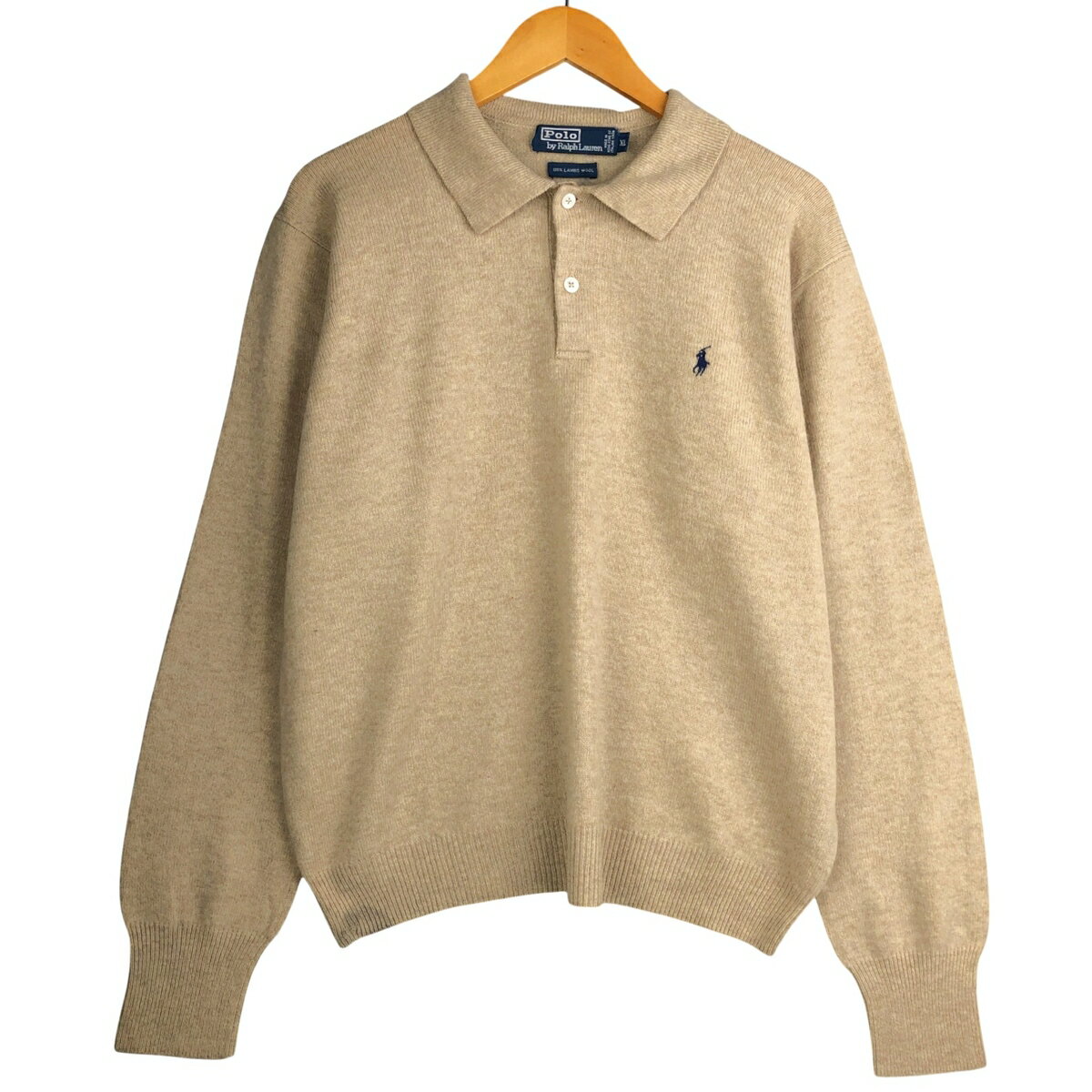 【新品未使用】Polo Ralph Lauren ベージュ セーター長袖 M 90s ポロ ラルフローレン ワンポイント ラムウールニット ポロシャツ