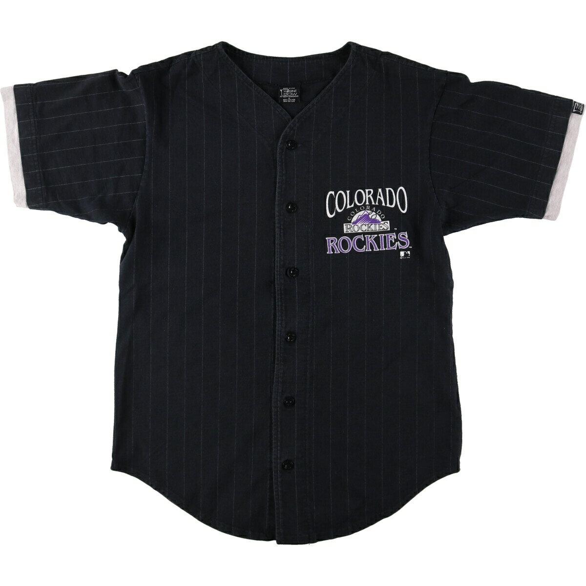 古着 FRONT ROW MLB COLORADO ROCKIES コロラドロッキーズ ストライプ柄 バックプリント ゲームシャツ ベースボールシャツ USA製 メンズM /eaa452256 【中古】 【240602】