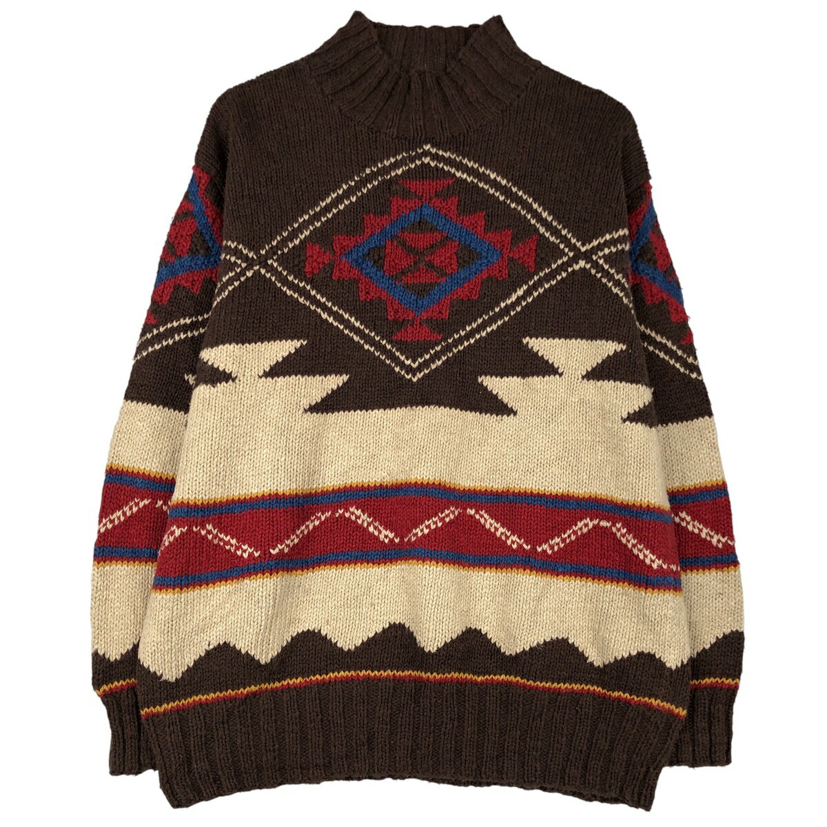 古着 ラルフローレン Ralph Lauren LAUREN ローレン 総柄 ネイティブ柄 ハイネック コットン×リネンニットセーター レディースM相当 /ea...