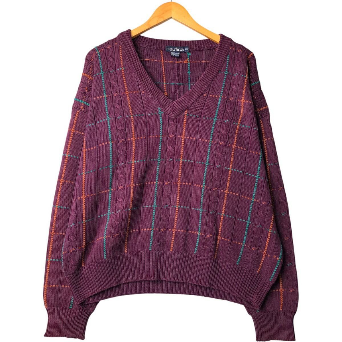 古着 90'S ノーティカ NAUTICA チェック柄 Vネック コットンニットセーター メンズL相当 ヴィンテージ /eaa472460 【中古】 【250728】 【ss2601_10】