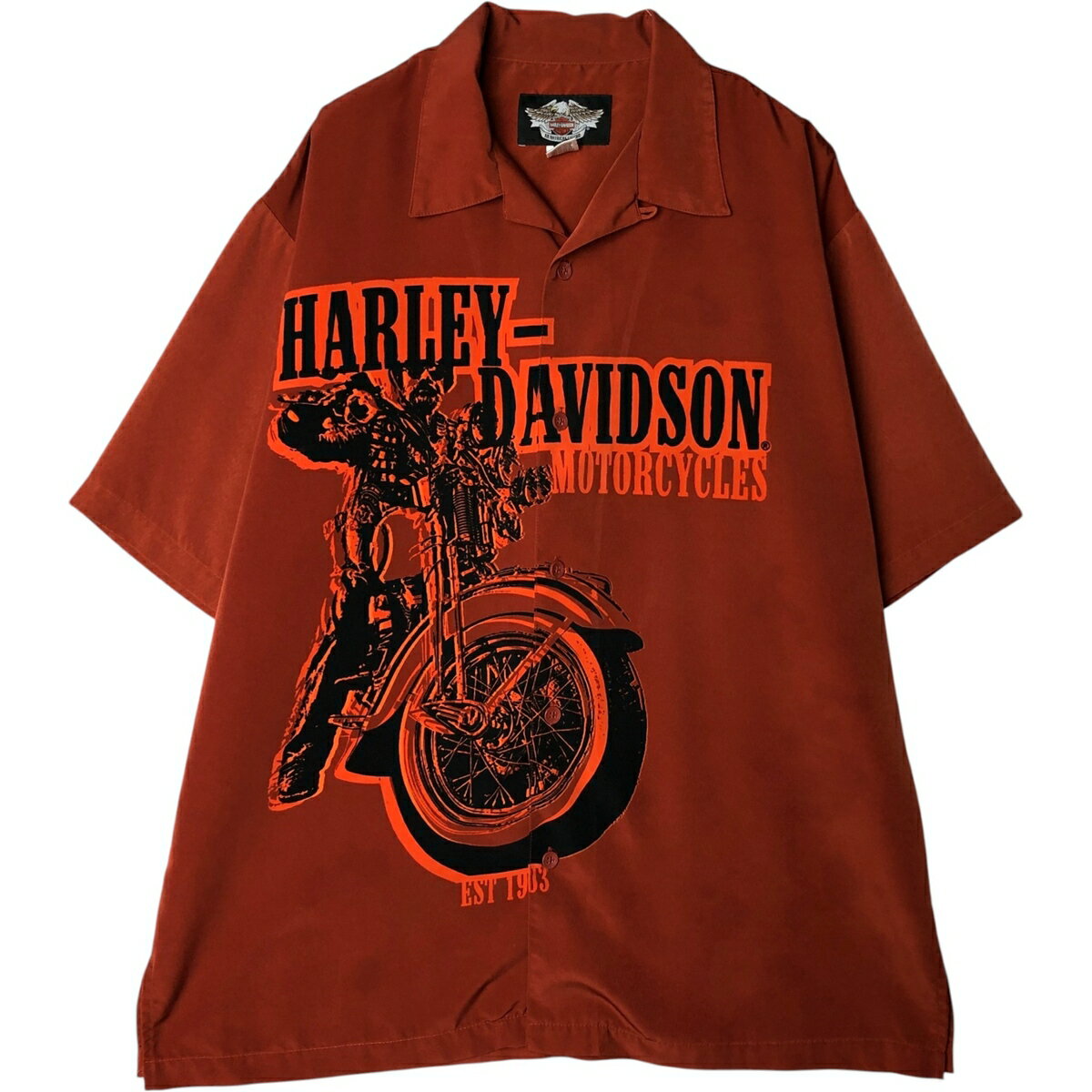 樂天商城 - 古着 ハーレーダビッドソン Harley-Davidson オープンカラー 大判プリント 半袖 ワークシャツ ボックスシャツ メンズXL相当 /eaa477545 【中古】 【260320】 オレンジ系 春夏