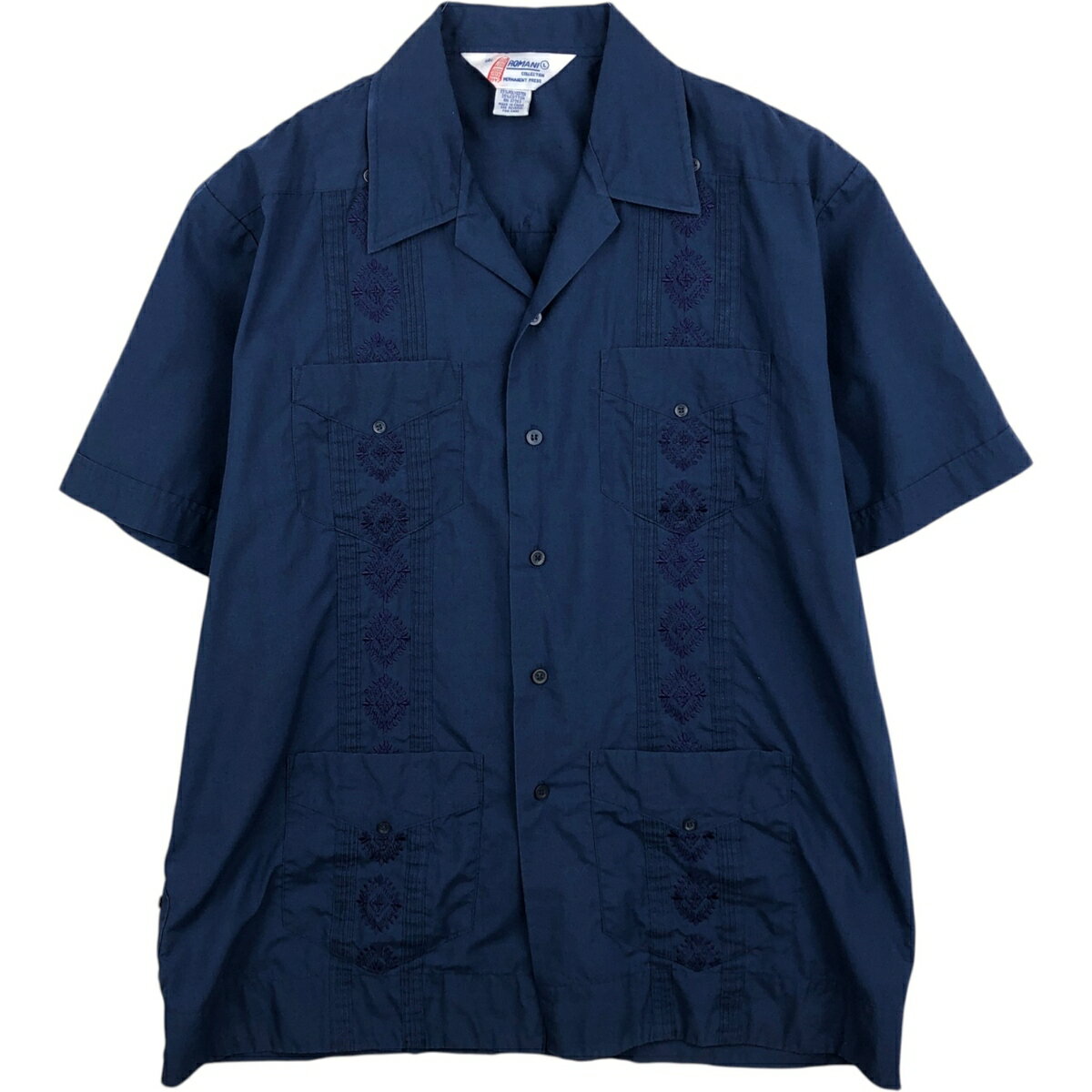 Rakuten - 古着 80~90'S ROMANI 半袖 オープンカラー メキシカンシャツ キューバシャツ ボックスシャツ メンズL相当 ヴィンテージ /eaa478007 【中古】 【260325】 ネイビー系 春夏