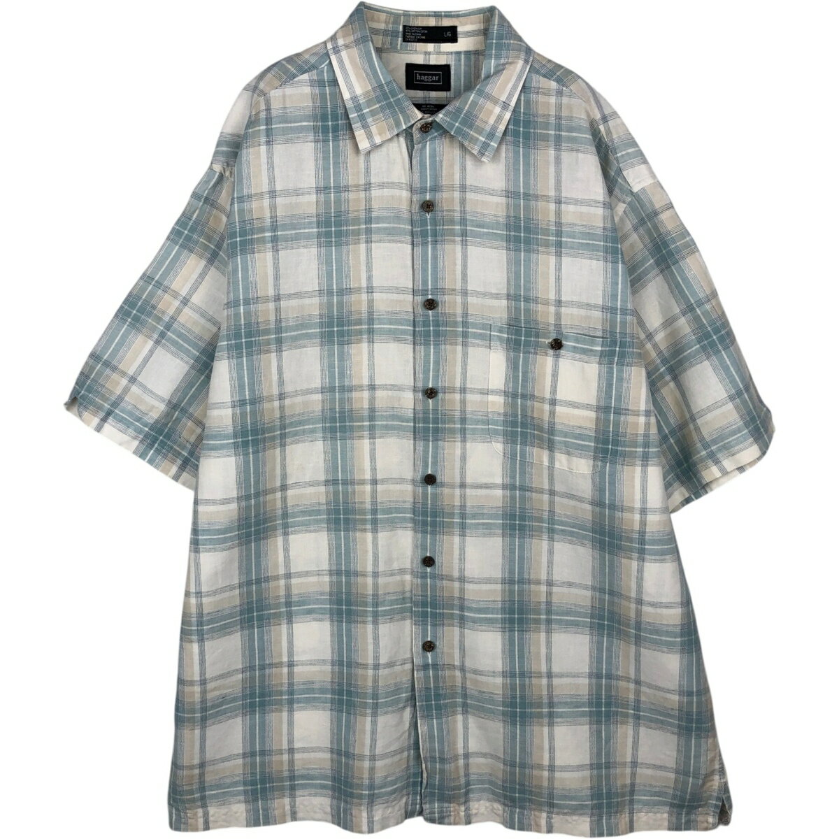 Rakuten - 古着 ハガー haggar. チェック柄 半袖 リネンシャツ ボックスシャツ メンズL相当 /eaa495244 【中古】 【260323】 ブルー系 春夏