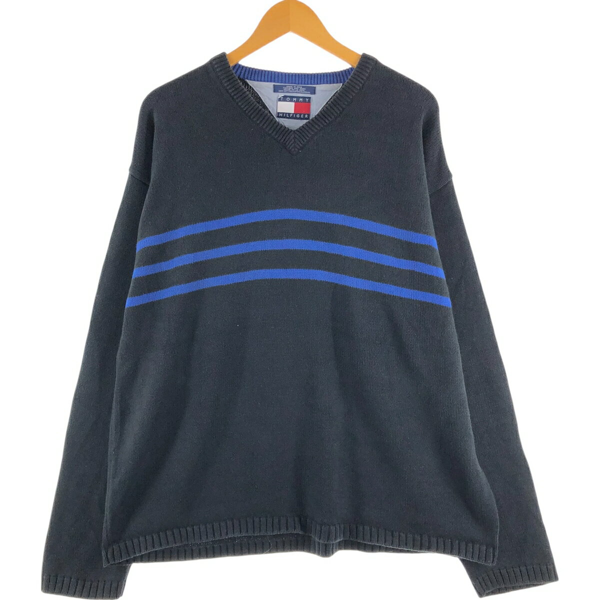 古着 90'S~ トミーヒルフィガー TOMMY HILFIGER ボーダー柄 Vネック コットンニットセーター メンズXL相当 ヴィンテージ /eaa501069 【..