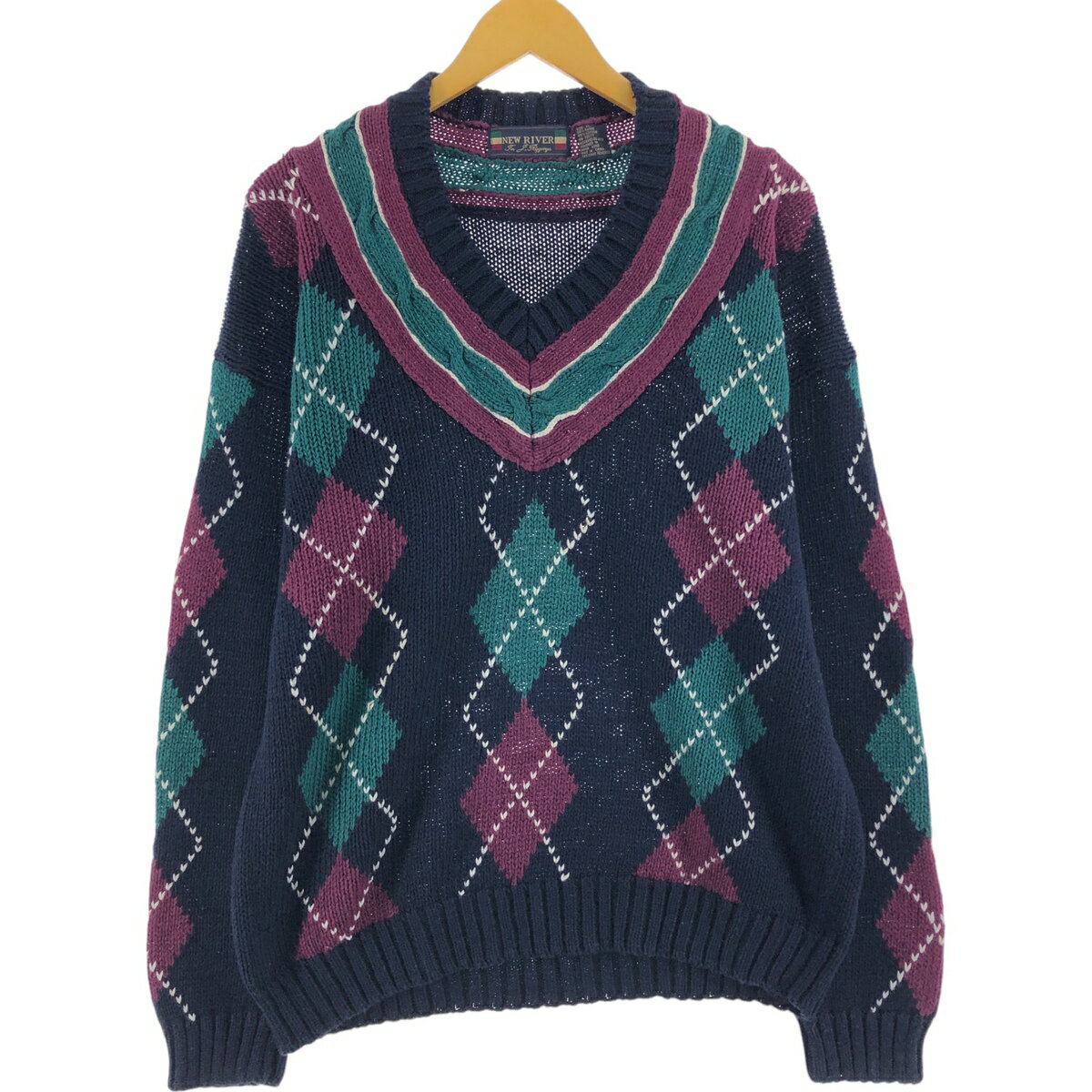 古着 NEW RIVER アーガイル柄 Vネック ラミー×コットンニットセーター メンズXL相当 /eaa509715 【中古】 【241228】 【Elulu...