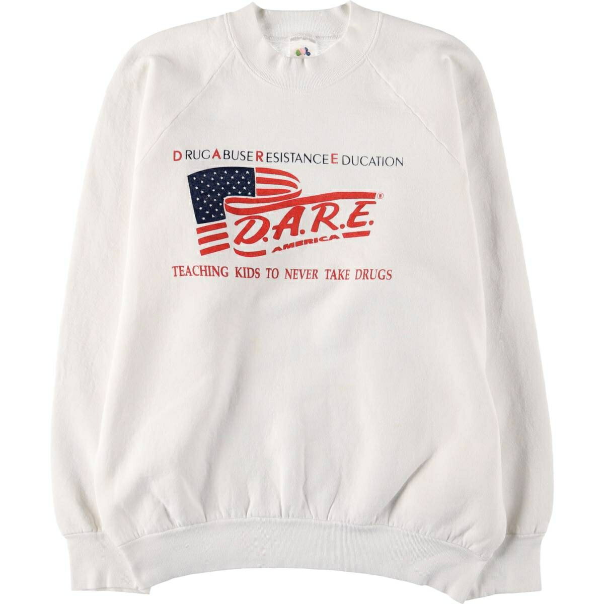古着 90'S フルーツオブザルーム FRUIT OF THE LOOM D.A.R.E. 薬物乱用防止教育 星条旗柄 プリントスウ..