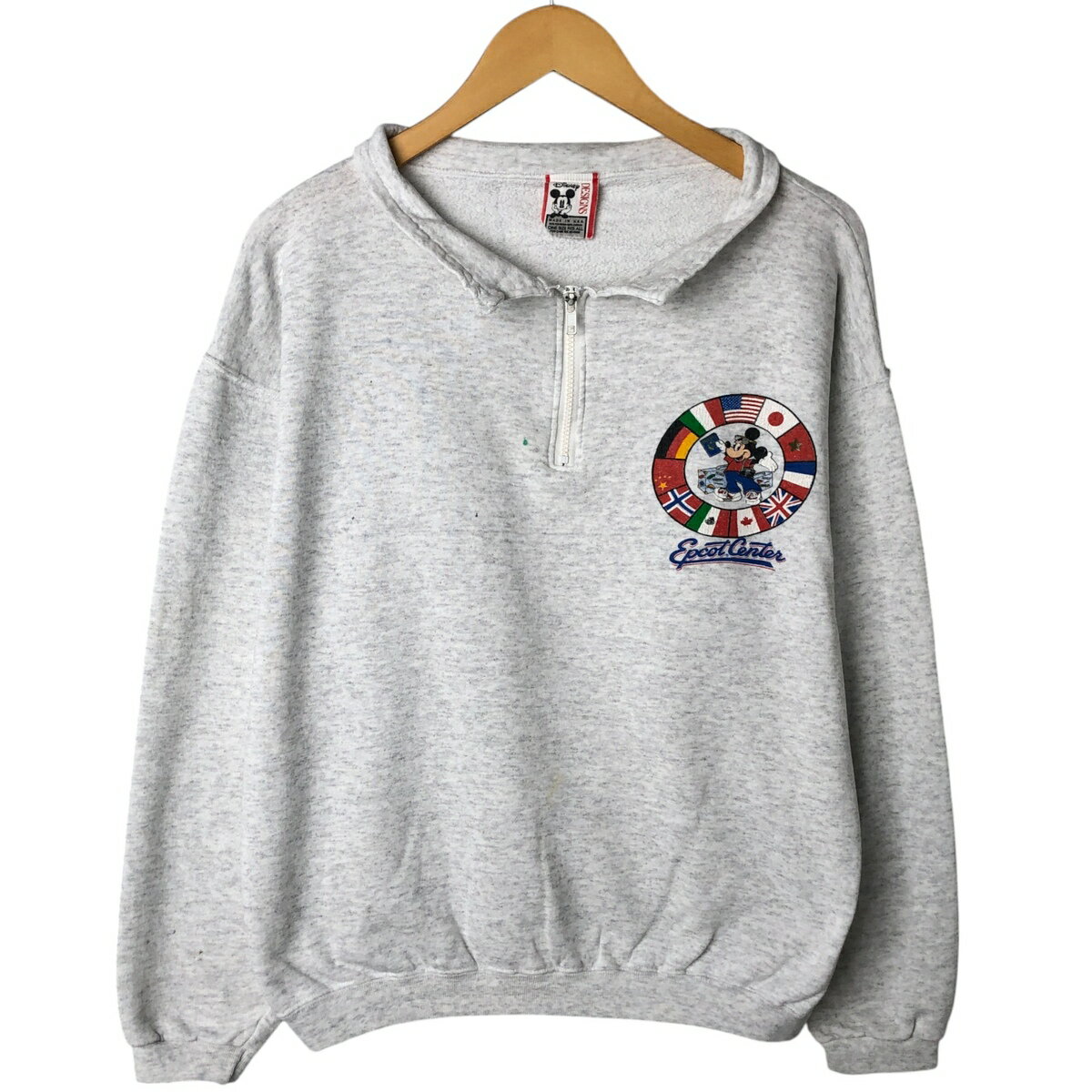 古着 90'S Disney DESIGNS MICKEY MOUSE ミッキーマウス Epcot Center エプコット 襟付き ハーフジップスウェットシャツ トレーナー US..