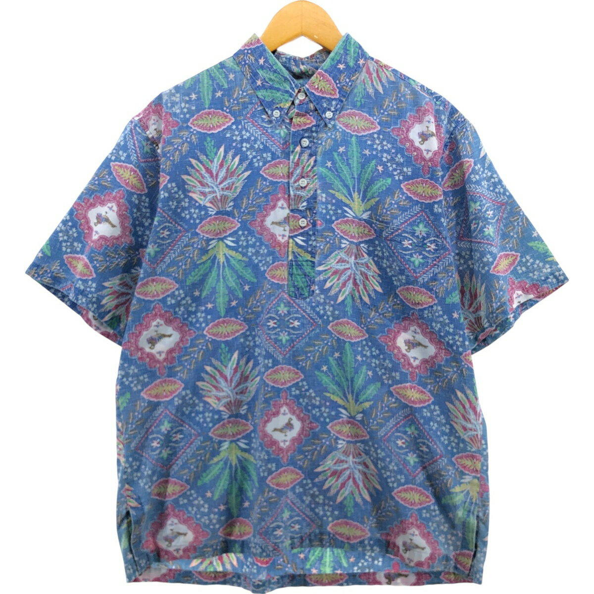 古着 90'S レインスプーナー REYNSPOONER 水着タグ ビキニタグ 総柄 ボタニカル柄 プルオーバー ボタンダウン ハワイアンアロハシャツ ボックスシャツ メンズL相当 ヴィンテージ /eaa560139 【中古】 【250623】 【SS2603_10】
