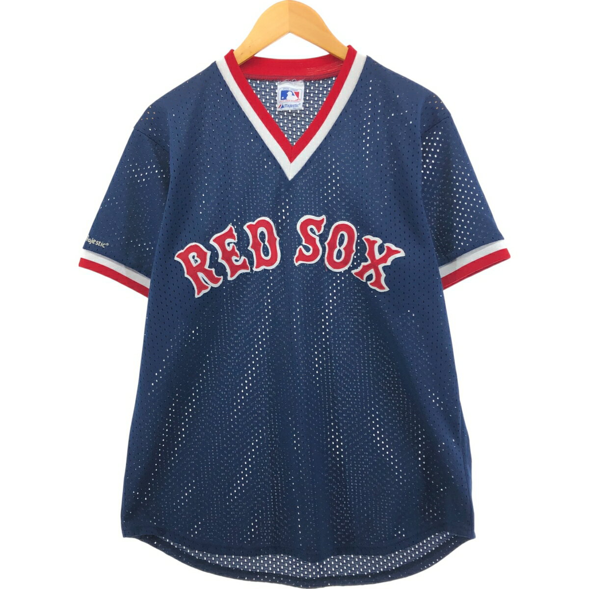 楽天古着屋JAM古着 90'S マジェスティック Majestic MLB BOSTON REDSOX ボストンレッドソックス メッシュ Vネック ゲームシャツ ベースボールシャツ USA製 メンズXL相当 ヴィンテージ /eaa560556 【中古】 【250624】