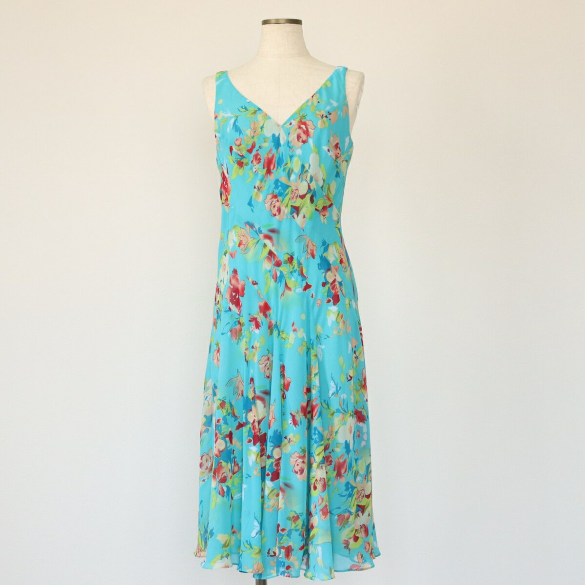 古着 チャップス CHAPS 総柄 ボタニカル柄 Vネック ロング丈 ノースリーブ フレアワンピース レディースS相当 /eaa562388 【中古】 【250705】 【ADEL/アデル】