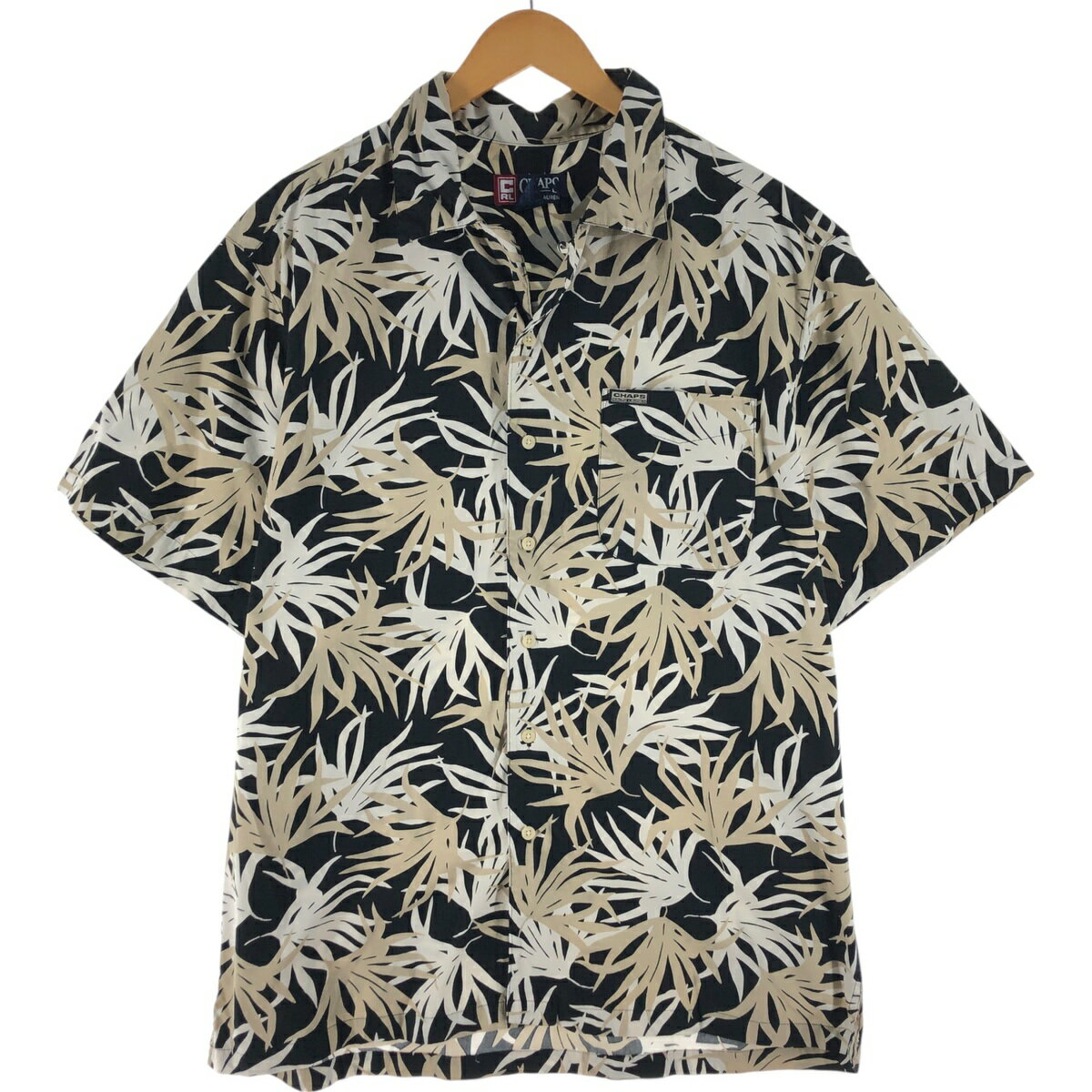 古着 90'S ラルフローレン Ralph Lauren CHAPS チャップス 総柄 リーフ柄 オープンカラー ハワイアンア..