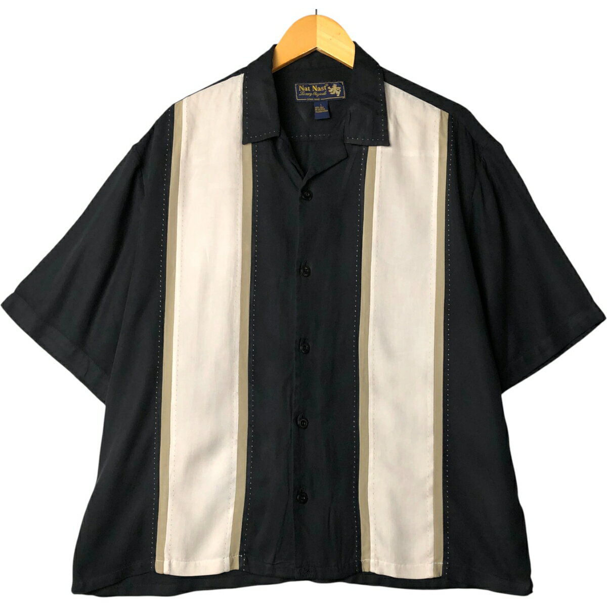 古着 90'S ナットナスト Nat Nast ツートン 半袖 オープンカラー シルクシャツ ボックスシャツ メンズL..