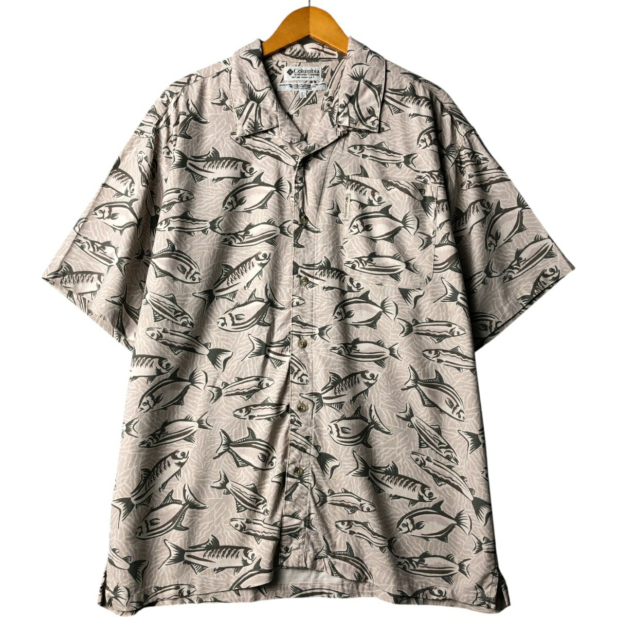 古着 90'S コロンビア Columbia 総柄 魚柄 半袖 オープンカラー レーヨンシャツ ボックスシャツ メンズL相当 ヴィンテージ /eaa568953   【SS2606_30