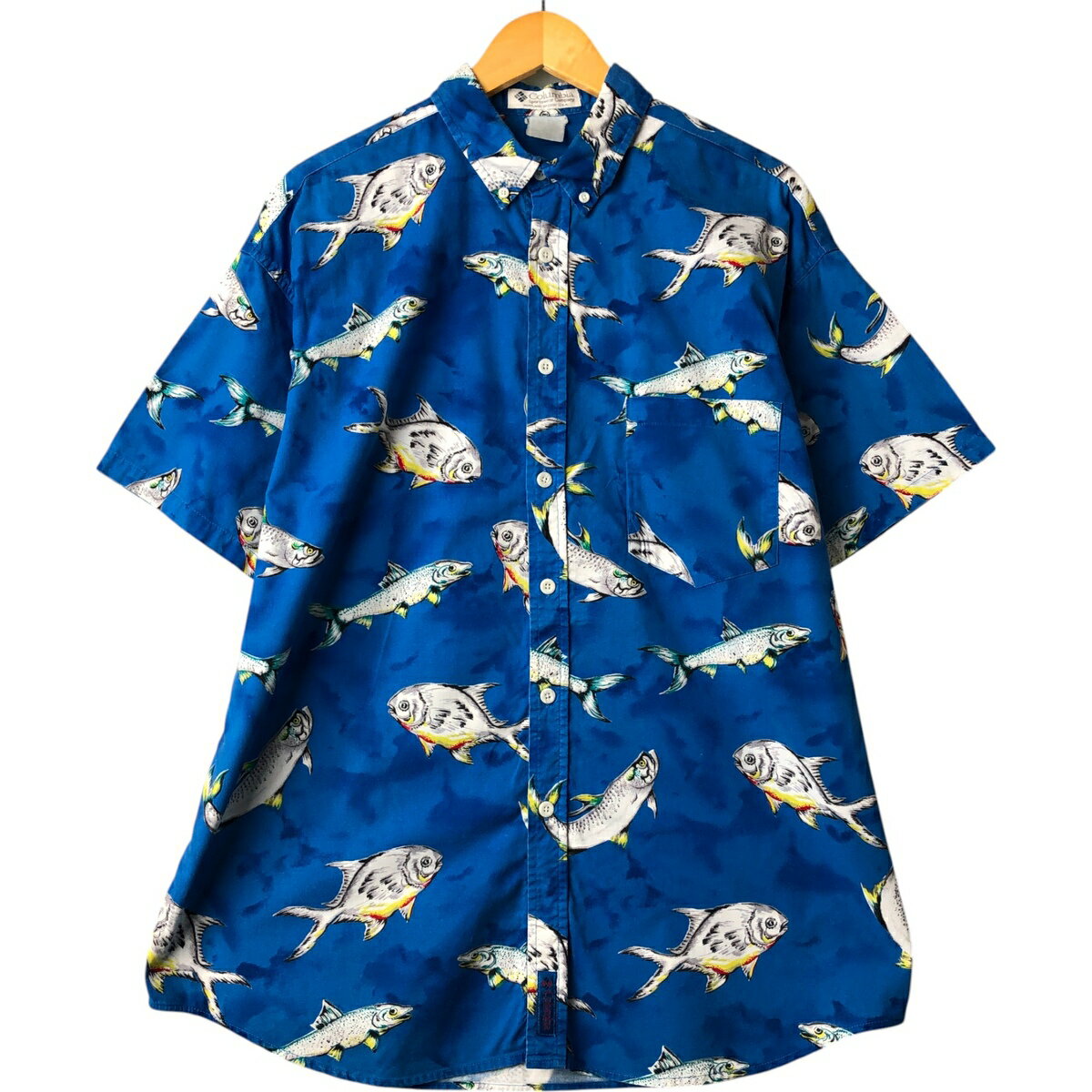 古着 90'S コロンビア Columbia 白タグ 総柄 魚柄 半袖 ボタンダウンシャツ メンズXL相当 ヴィンテージ /eaa568956   【SS2606_30