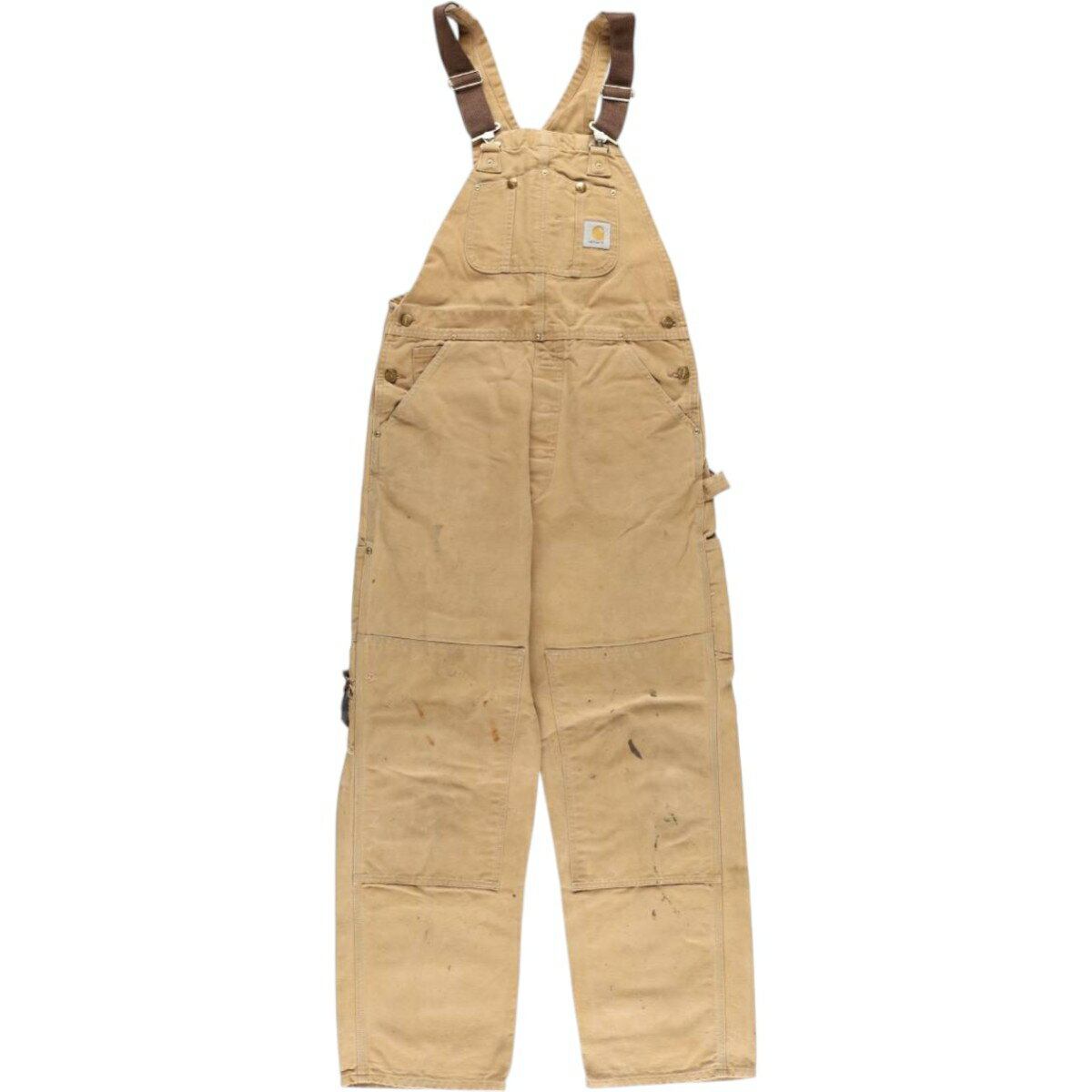 商品詳細 ブランド・Carhartt・カーハート・ 特徴・ハンマーループ・スパナポケット・ボタンフライ・ワイドパンツ・ダブルニー・ モデル/形状・ダブルニー ダック オーバーオール・ 素材・不明・ 色・オーカー系 黄土色・ 柄・無地・ロゴパッチ・ 生産国・不明・ 年代 サイズ・メンズw34・表記サイズ:不明・総丈:137cm・ウエスト:88cm・股下:77.5cm・もも周り:70cm・裾周り:48cm・ コンディション・C・ カテゴリ・メンズ・ボトムス・ロングパンツ・オーバーオール・ 商品番号・eaa572426・ 取扱店・ネットショップ・ スタッフコメントタグ欠損の為、詳細不明です。素材はおそらくコットンかと思われます。Carhartt ダブルニー ダック オーバーオール / メンズw34 / 商品番号 eaa572426 USEDワークアイテムですので使用感などございますが、まだまだご愛用していただけます。 古着という事をご理解の上ご注文よろしくお願いします。 【状態追記】 ●前、胸・両腿・両膝・両脛・両裾・右ポケット内・左ポケット(内・内袋)に汚れ　右腿に裂け　右腿・両裾に擦れ ●後、ヒップ・両腿・両ふくらはぎ・両裾・左ポケット内に汚れ　左腿・右ふくらはぎ・両裾に擦れ　右ふくらはぎに裂け・リペア跡 ●内側、両裾に汚れ※状態は当社独自の基準です。 着用感表記サイズ総丈ウエスト股下もも周り裾周り メンズw34不明(サイズ表記不明ですが、計測値によりメンズw34相当です。)137cm88cm77.5cm70cm48cm ※測定値の若干の誤差はご了承下さい。サイズガイドはこちら ブランドCarharttカーハート 特徴ハンマーループ / スパナポケット / ボタンフライ / ワイドパンツ / ダブルニー モデル/形状ダブルニー ダック オーバーオール 素材不明 色オーカー系 黄土色 柄無地 / ロゴパッチ 生産国不明 年代- カテゴリオーバーオール 商品番号eaa572426 取扱店ネットショップ 　　 タグ欠損の為、詳細不明です。素材はおそらくコットンかと思われます。カーハートの他の商品を見るオーバーオールの他の商品を見る