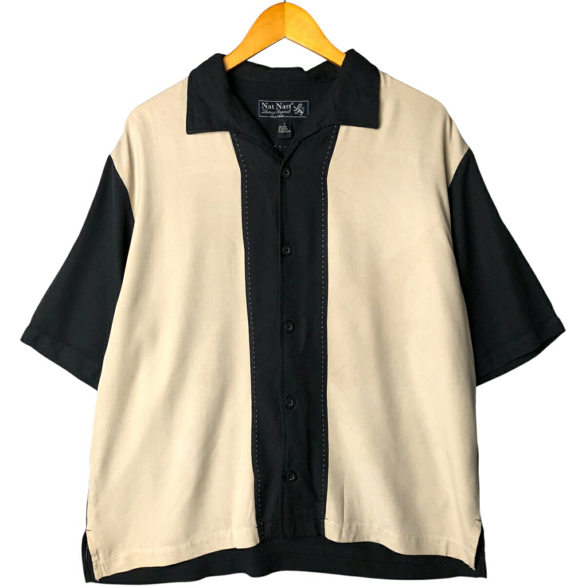 古着 90'S ナットナスト Nat Nast ツートン 半袖 オープンカラー シルクシャツ ボックスシャツ メンズL..