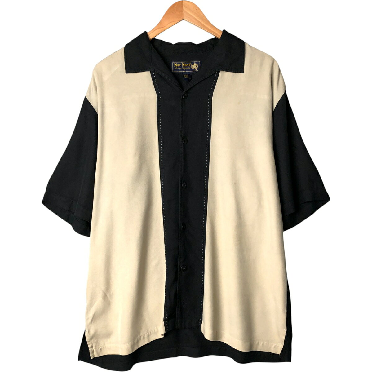 古着 90'S ナットナスト Nat Nast ツートン 半袖 オープンカラー シルクシャツ ボックスシャツ メンズL..
