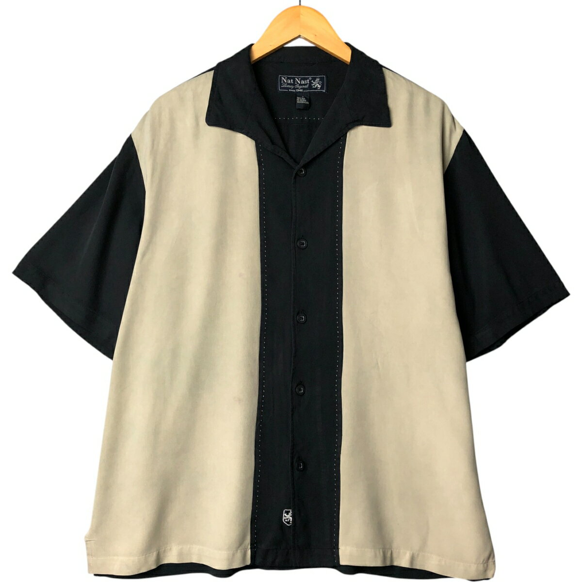 古着 90'S ナットナスト Nat Nast ツートン 半袖 オープンカラー シルクシャツ ボックスシャツ メンズL..