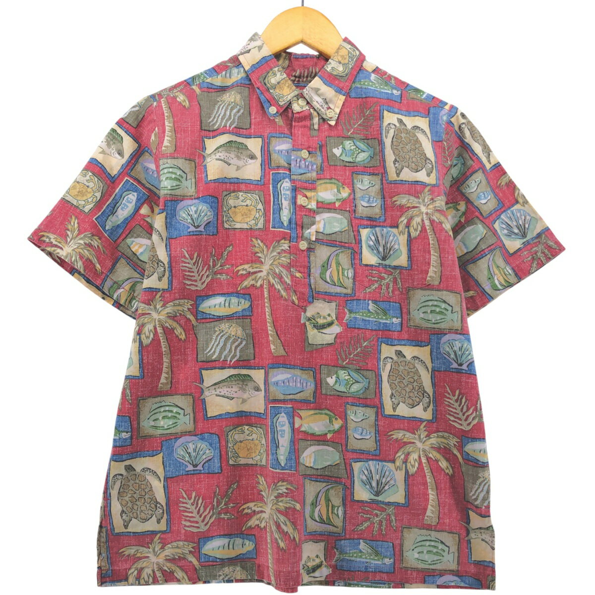 古着 90'S レインスプーナー REYNSPOONER 水着タグ ビキニタグ 魚柄 ボタンダウン ハワイアンアロハシャツ ボックスシャツ メンズS相当 ヴィンテージ /eaa578673 【中古】 【250905】 レッド系 春夏
