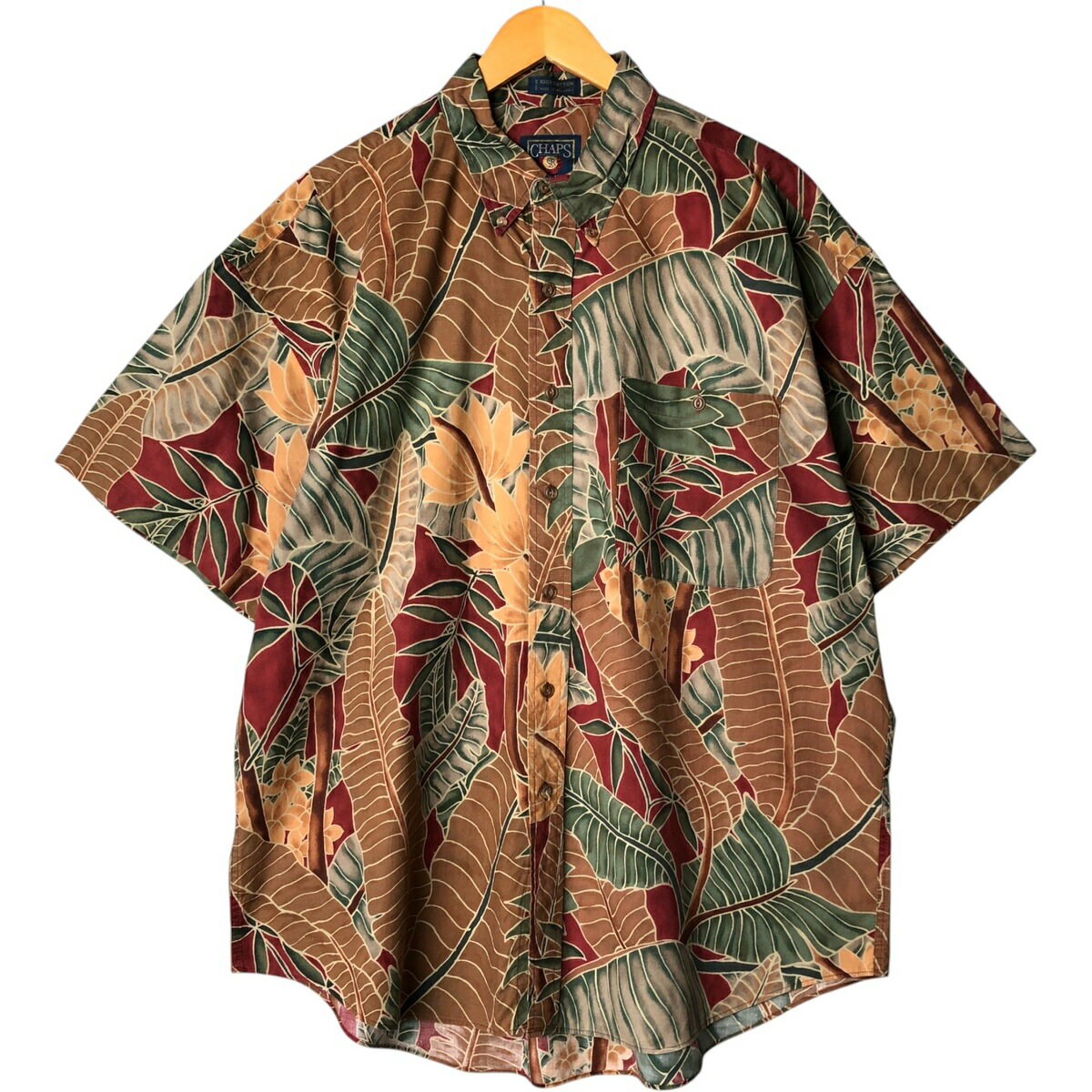 古着 80'S ラルフローレン Ralph Lauren CHAPS チャップス 総柄 リーフ柄 ボタンダウン ハワイアンアロハシャツ メンズXL相当 ヴィンテージ /eaa579457 【中古】 【251004】 カーキ系 春夏
