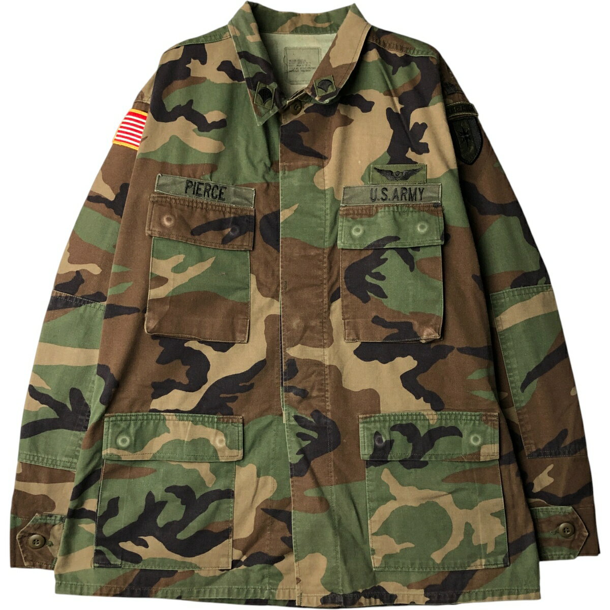 Military Jacket - 古着 米軍 迷彩柄 ウッドランドカモ 星条旗柄 B.D.U ミリタリージャケット MEDIUM REGULAR メンズM相当 /eaa579891 【中古】 【250913】 【NH-2508】 【SS2603_10】 カーキ系 春秋冬