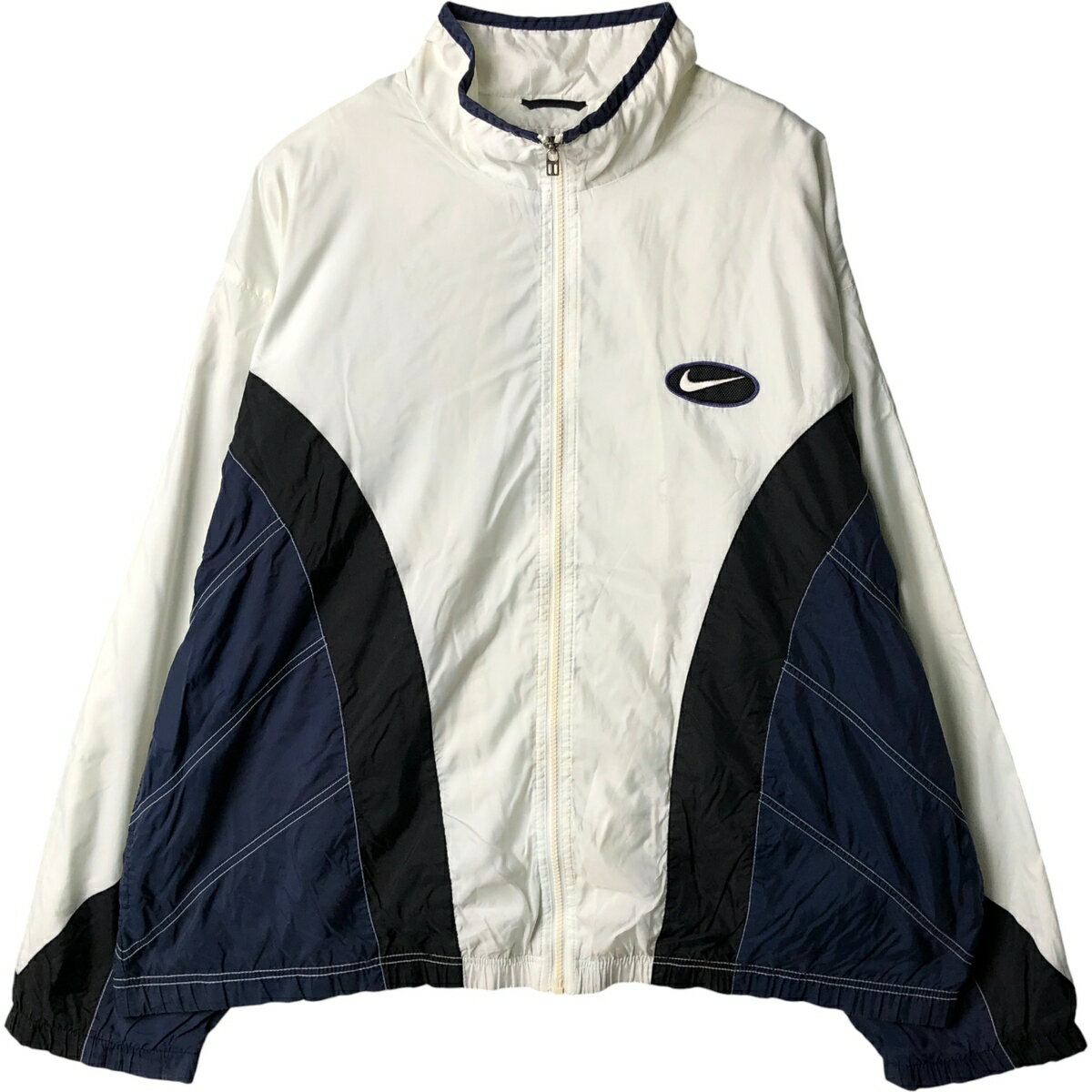 ナイキ　白タグ　ハーフジップ　リブライン　スウッシュ　ナイロンジャケット Lサイズ】古着 ナイロンジャケット NIKE 白タグ 90s ハーフジップ 刺繍