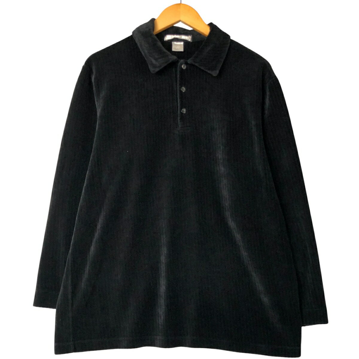 90s PERRY ELLIS ベロア フリース 長袖 ポロシャツ ブラック