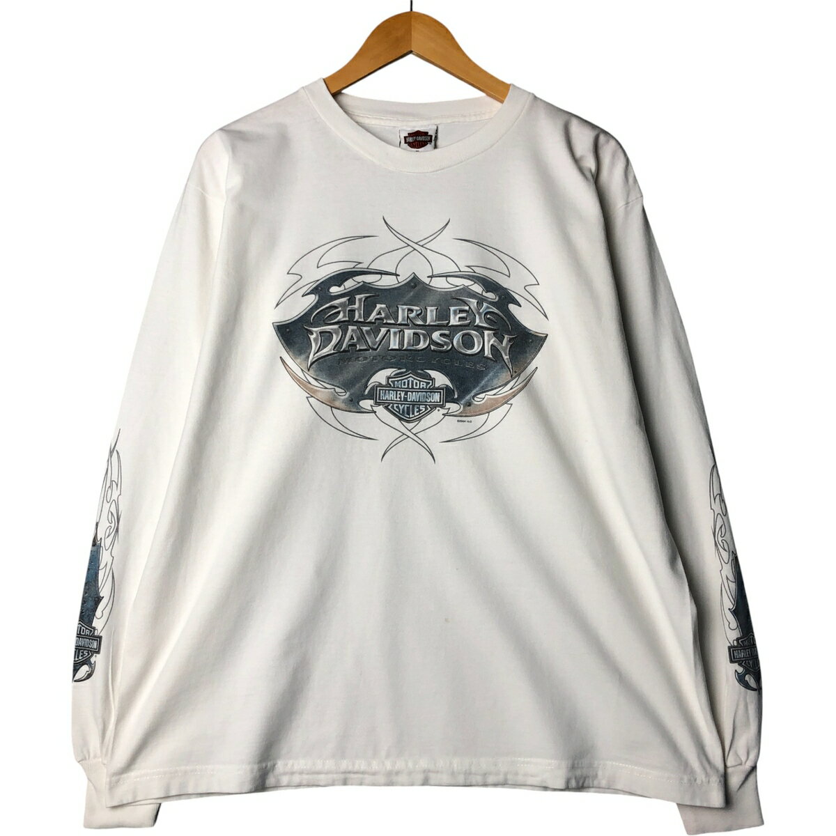 ハーレーダビッドソン　ロングTシャツ　Lサイズ　古着　ホワイト　ロゴプリント ハーレーダビッドソン デカロゴ＆袖プリント ビンテージ・ロンT 長袖