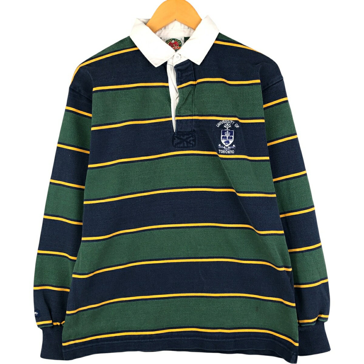 樂天商城 - 古着 90~00'S バーバリアン BARBARIAN ボーダー柄 マルチボーダー 長袖 ラガーシャツ カナダ製 メンズL相当 ヴィンテージ /eaa595008 【中古】 【251108】 ネイビー系 春夏秋冬