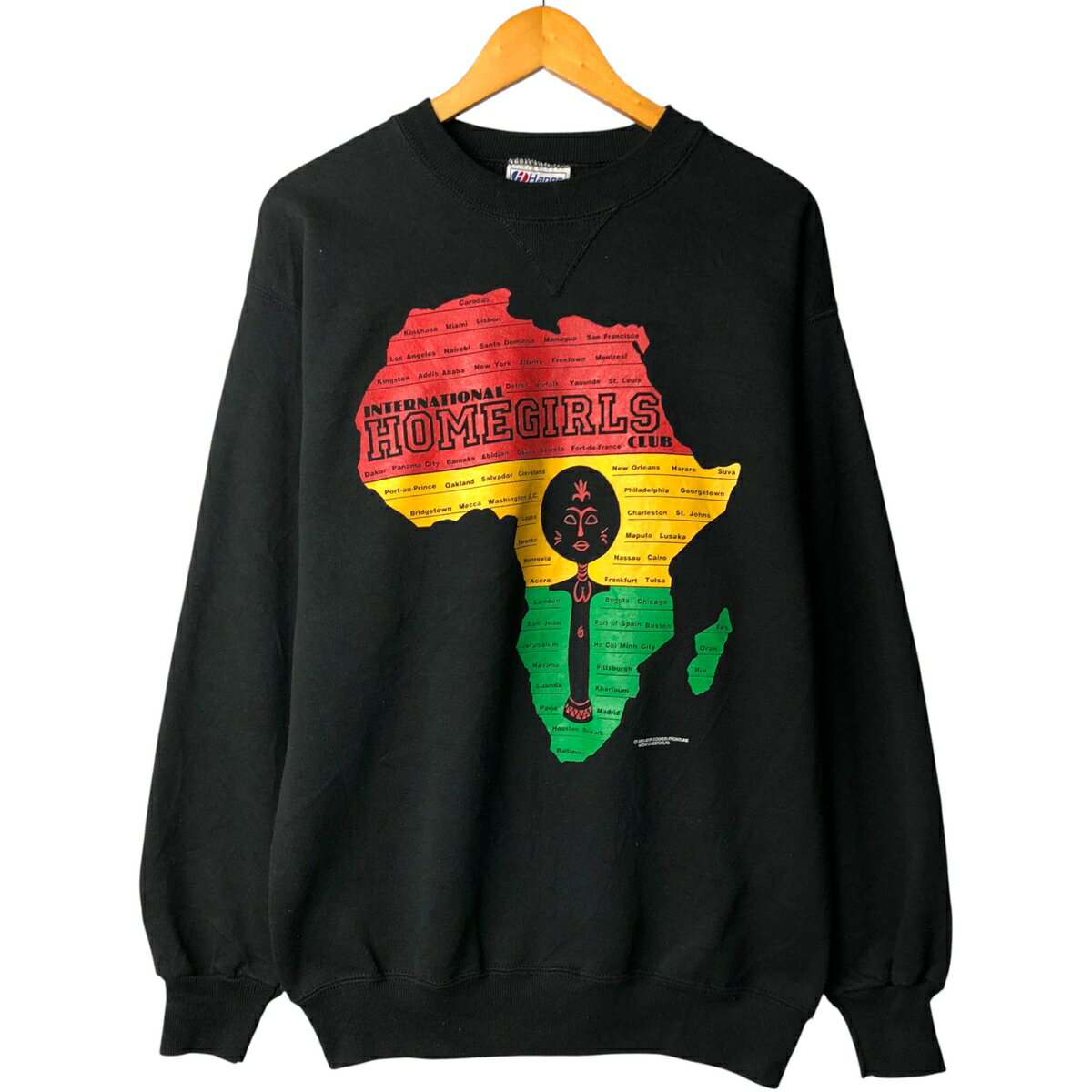 古着 90'S ヘインズ Hanes CLASSICS INTERNATIONAL HOMEGIRLS CLUB ラスタカラー アフリカン プリントスウェットシャツ トレーナー USA製 メンズL相当 ヴィンテージ /eaa597964 【中古】 【251211】