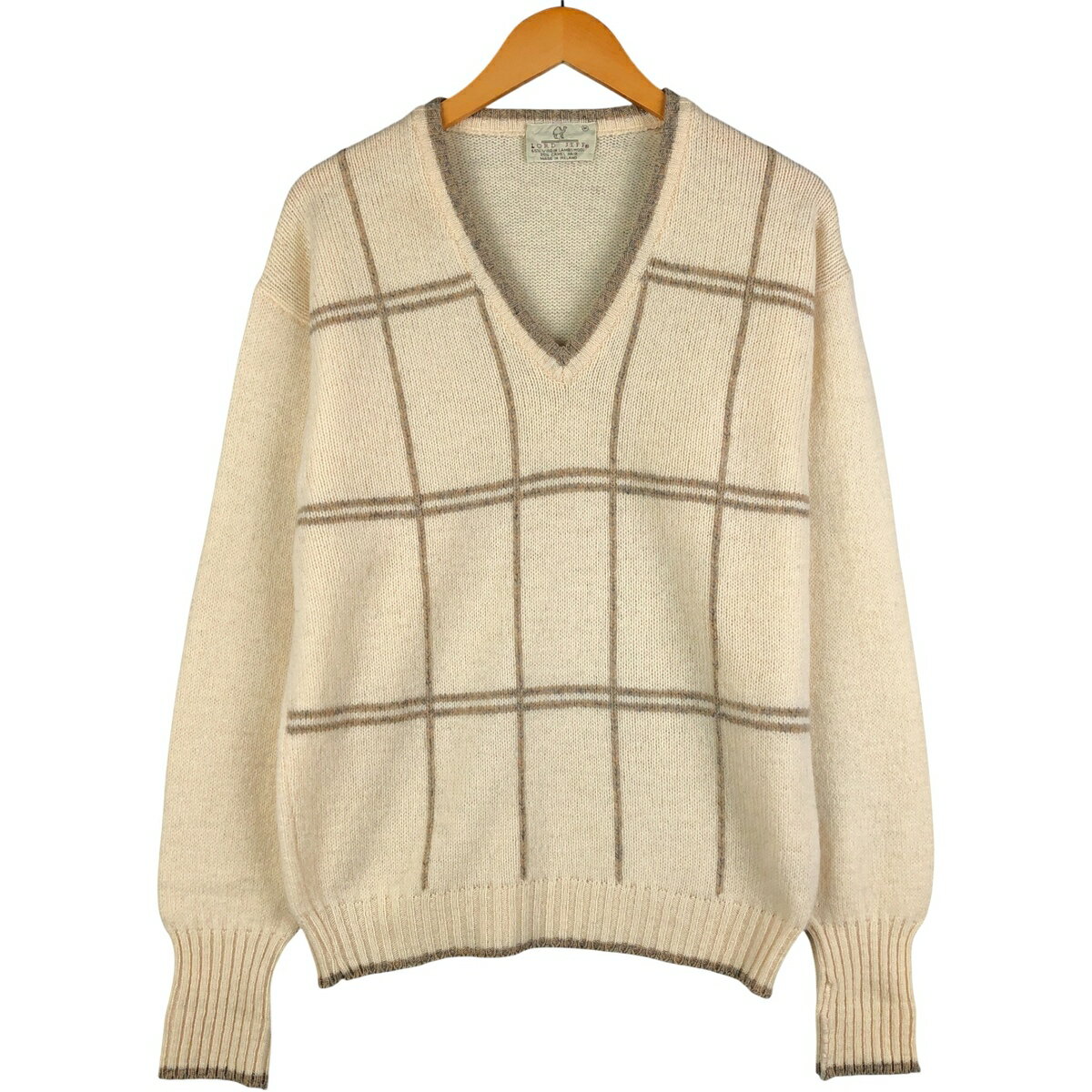 古着 LORD JEFF チェック柄 Vネック ラムウールニットセーター アイルランド製 メンズM相当 /eaa600266..